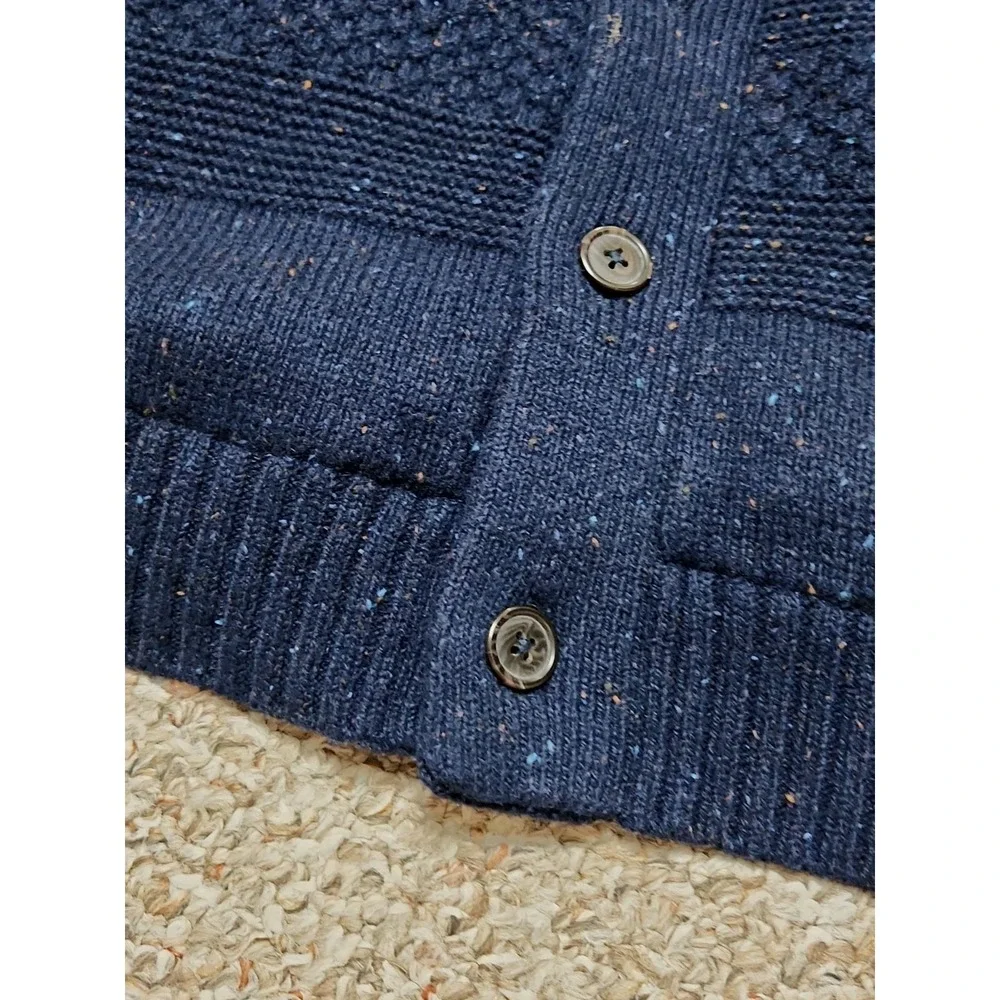 Lands' End Navy Textured Wool Blend Sherpa Trim Button Sweater Men's Large 42-44